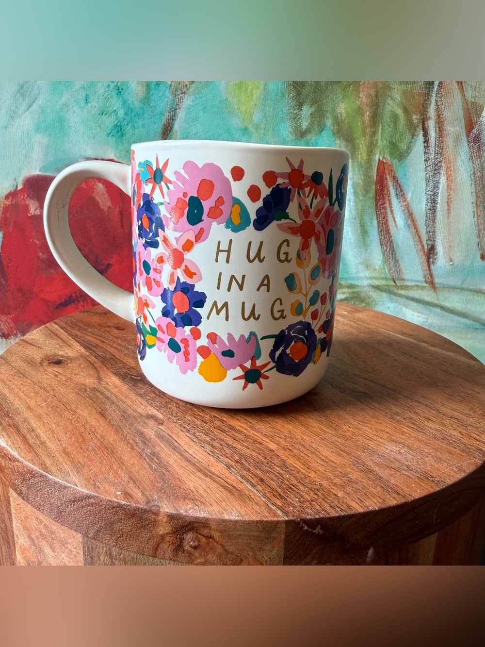 OPALHOUSE Coffee Mug Cup "Hug In A Mug" Ivory with Flowers 16oz Stoneware